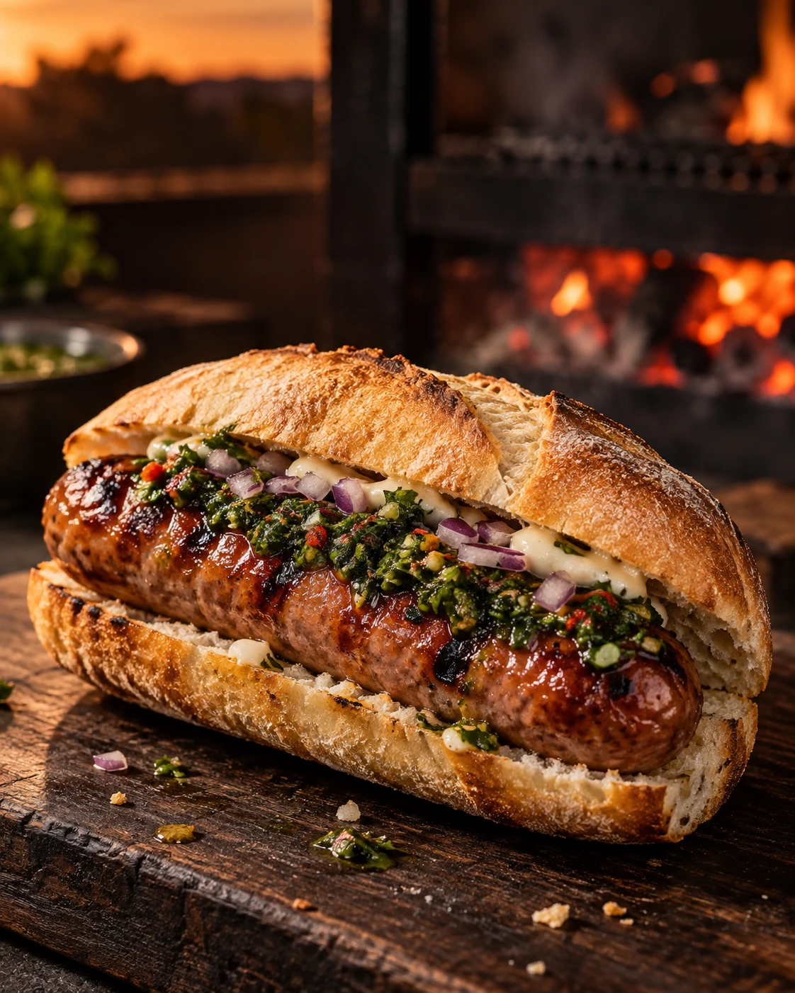 Choripan artesanal com linguiça parrillera, chimichurri e pão tostado