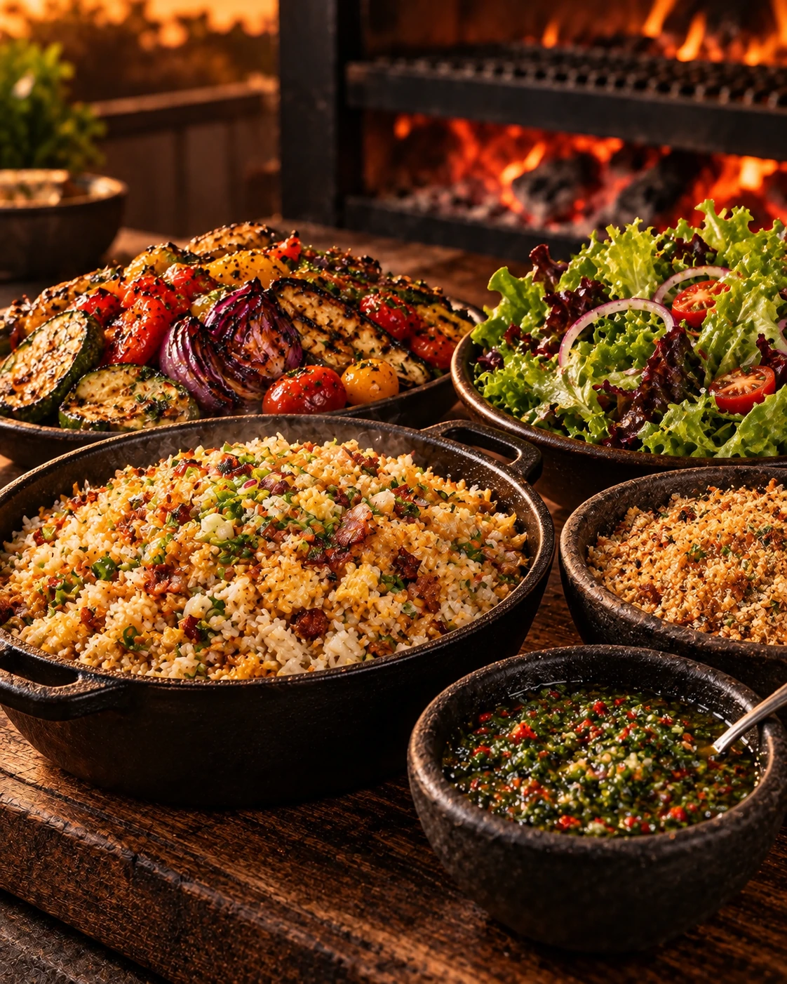 Mesa completa com arroz Biro Biro, legumes parrilhados, farofa, folhas e chimichurri
