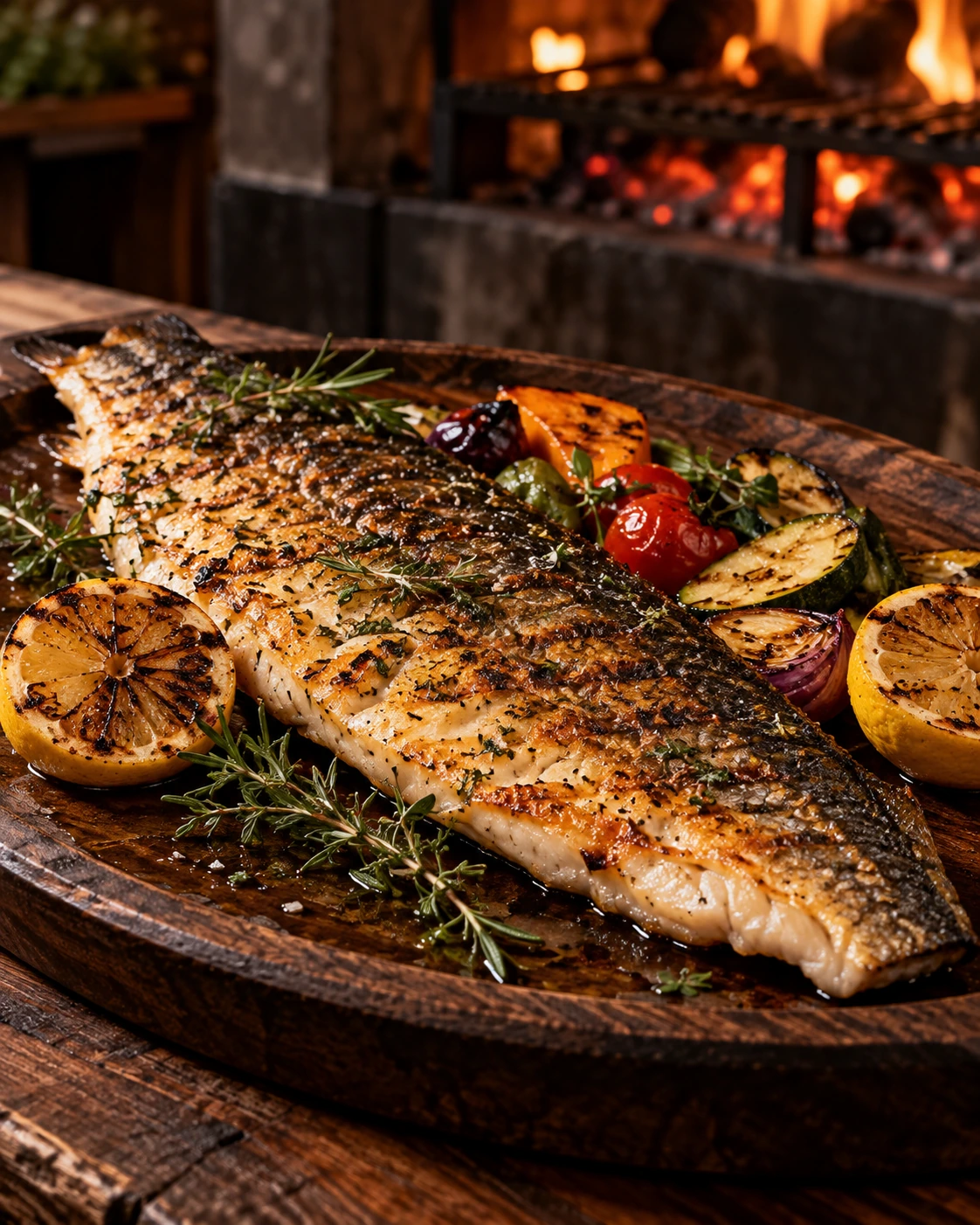 Peixe na brasa com foco no filé grelhado, ervas e acompanhamentos da estação